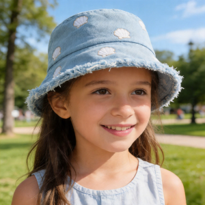 Kids' Denim Fisherman Hat with Embroidered Shell Pattern